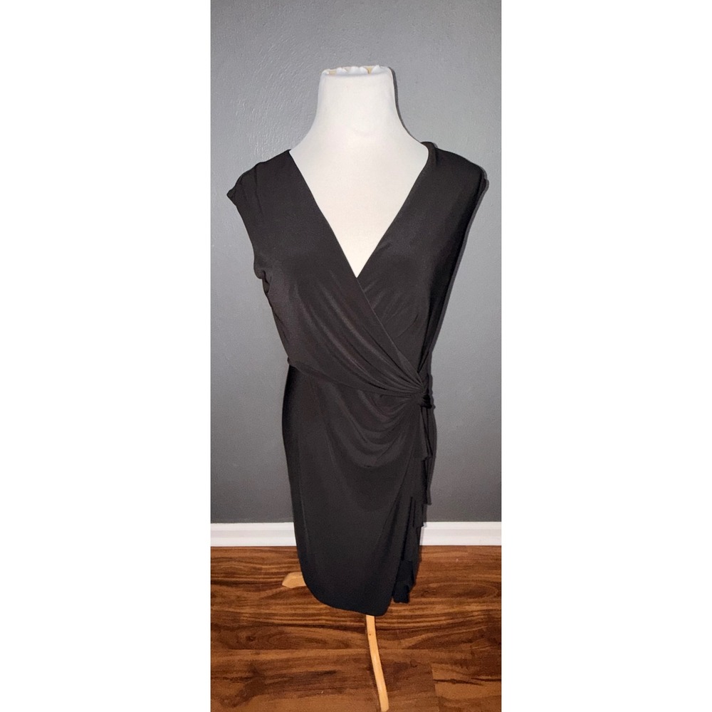 Lauren Ralph Lauren Black Faux Wrap Ruffle V-Neck Cocktail Dress Womens 10